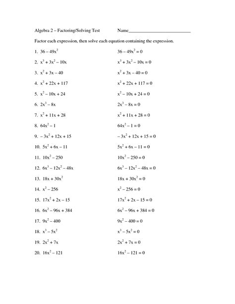 solve by factoring worksheet algebra 2